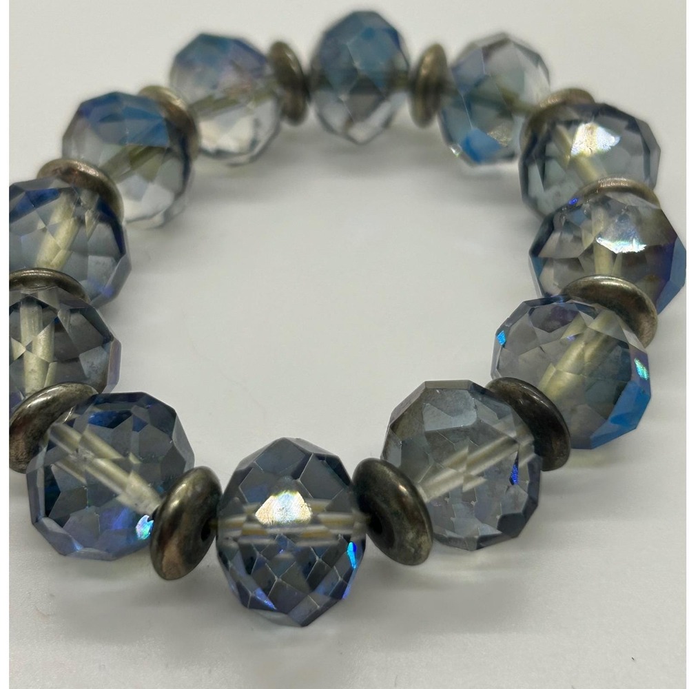 Blue Faceted Glass Bead Stretch Bracelet Silver Tone Spacers Bohemian Style